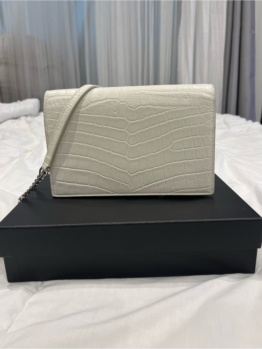 Saint Laurent Monogram Kate Wallet White Croc-Embossed Tassel Chain - Picture 2 of 10